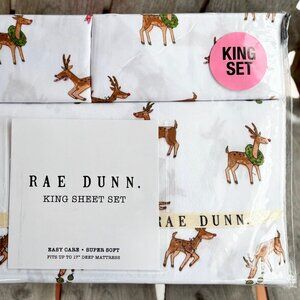 RAE DUNN King Size CHRISTMAS DEER Sheet Set Christmas Holiday Reindeer Lights